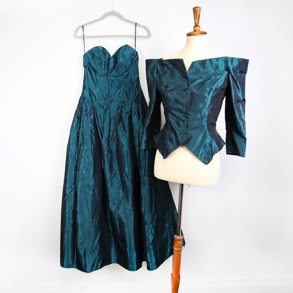 Vintage 70s 80s Peacock Green Teal Strapless Ball Gown with Jacket Size XXS/XS